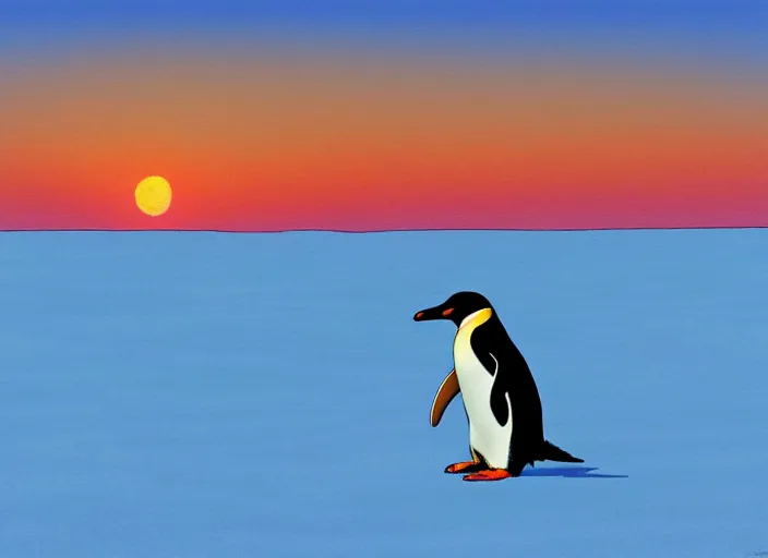 Image similar to a penguin sliding on the ice floe, by makoto shinkai, highly detailed, sunset light