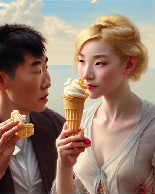 Image similar to Portrait of a  blonde lady and a Chinese man eating ice creams in Porto,real life skin, intricate, elegant, highly detailed, artstation, concept art, smooth, sharp focus, art by artgerm and greg rutkowski and alphonse mucha