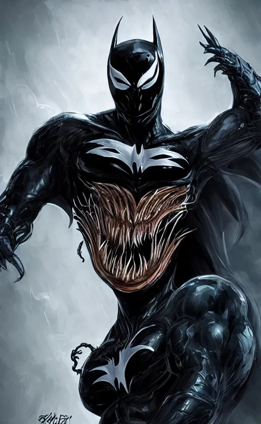 Image similar to venom as batman, dynamic lighting, photorealistic fantasy concept art, trending on art station, stunning visuals, terrifying, creative, cinematic