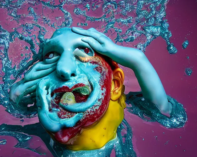 Prompt: a massive hilarious sculpture of a surreal distorted human face vomiting jelly on the ocean water, in the style of johnson tsang, funny sculpture, lucid dream series, cinematic, hyper - realistic, very detailed, realistic water splashes, ray tracing, 8 k resolution, long - shot, sharp focus, low angle, 8 5 mm photograph, wide lens