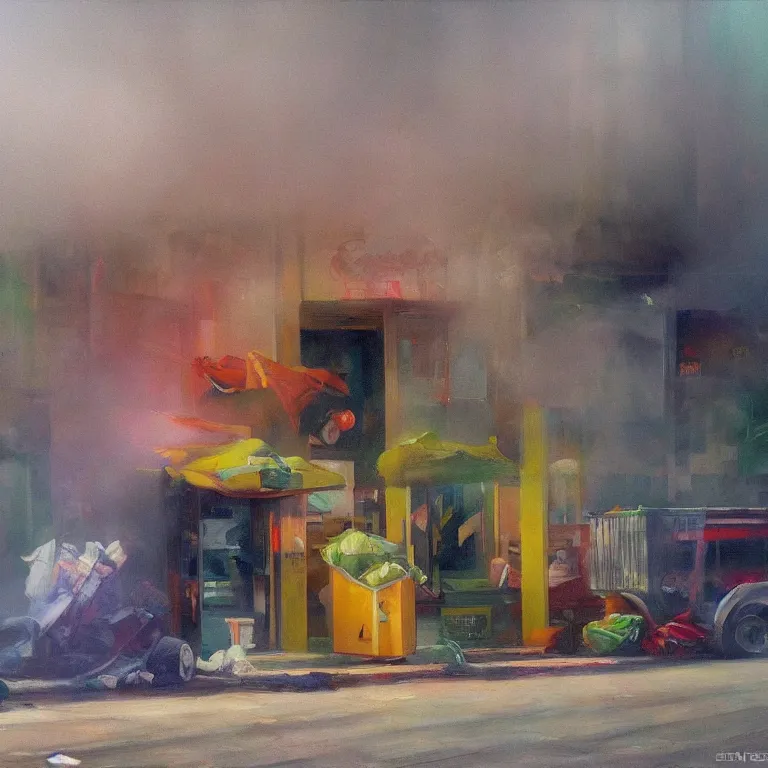Prompt: Jenni Pasanen art everywhere, piles of trash, fog, early morning, , painted by Edward Hopper, painted by Wayne Barlow, airbrush
