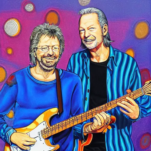 Image similar to portrait of eric clapton with david gilmour, joyful, highly detailed painting by akira toriyama, 8 k