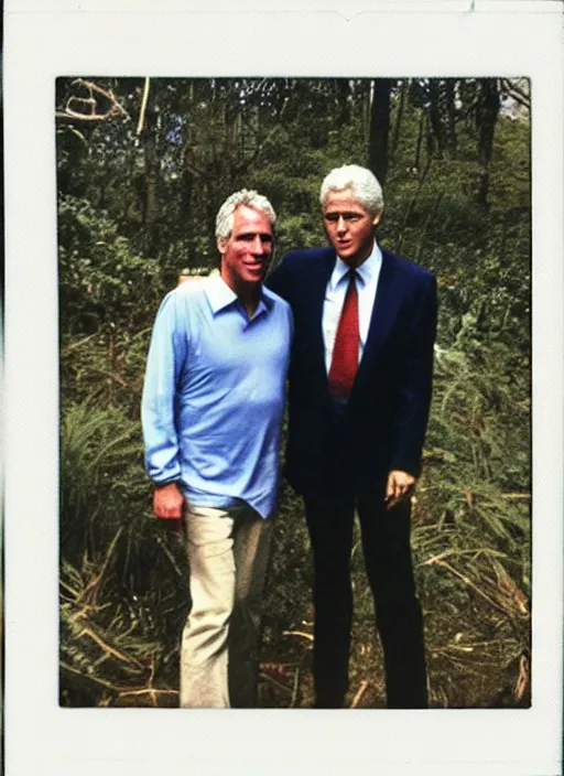 Prompt: polaroid of jeffrey epstein and bill clinton on an island