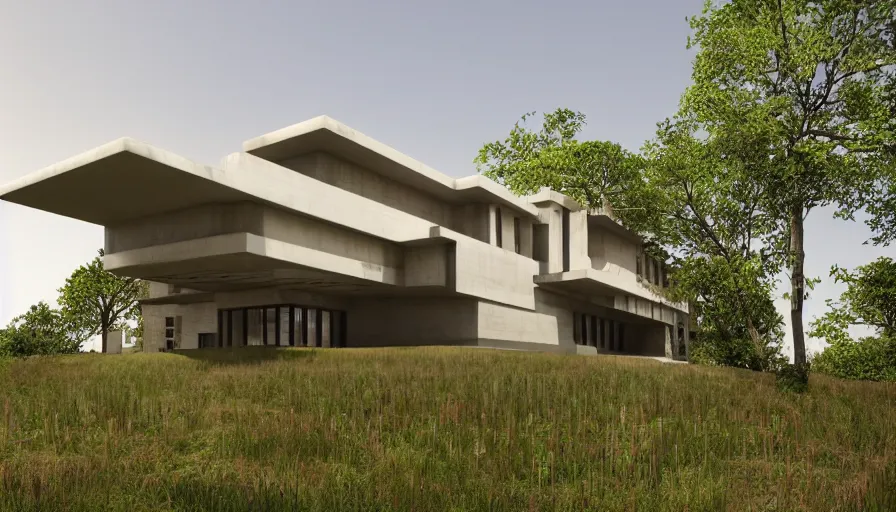 Image similar to modern temple house inspired by tibetan architecture, on a green hill between trees, frank lloyd wright, realistic render, birdseye view