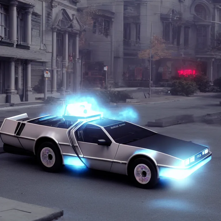 Image similar to a cinematic shot of a bttf delorean, bttf delorean, mr fusion, octane render, volumetric lighting, nvidia raytracing demo, by Andy Thomas, Mario Martinez, Daniel Mirante, Gustave Dore, Artstation, CGsociety, masterpiece