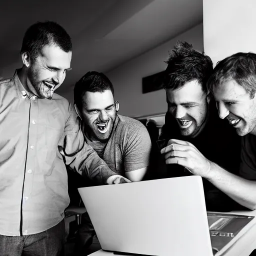 Image similar to several guys looking at a laptop screen laughing, colour photograph, 35mm