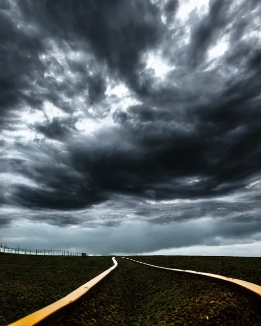 Prompt: a high definition photograph of a roller coaster track that goes up into the dark clouds