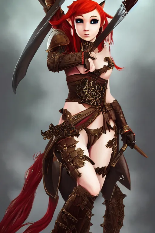 Prompt: Full picture of Redhead elf archer, high fantasy, ornamental bow, full leather armor, trending on artstation, artstationhd, safebooru, HD