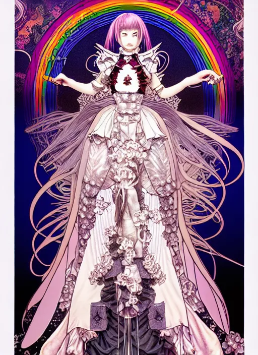 Image similar to artstation highly detailed terada katsuya manga poster of girl mechine, rainbow gradient reflection, ayami kojima, long hair, armor, dress, laces, ruffles, 8 k, maximalist, alphonse mucha