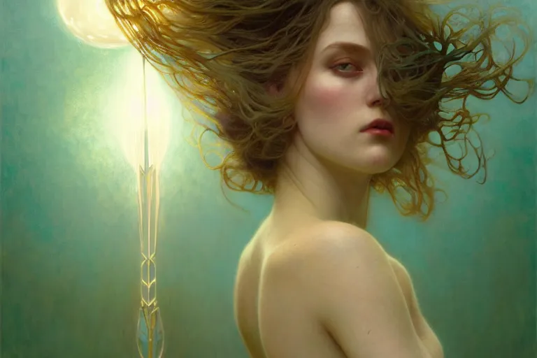 Image similar to pale teal becoming light itself, fantasy, intricate, elegant, dramatic lighting, emotionally evoking symbolic metaphor, highly detailed, lifelike, photorealistic, digital painting, artstation, concept art, smooth, sharp focus, illustration, art by John Collier and Albert Aublet and Krenz Cushart and Artem Demura and Alphonse Mucha