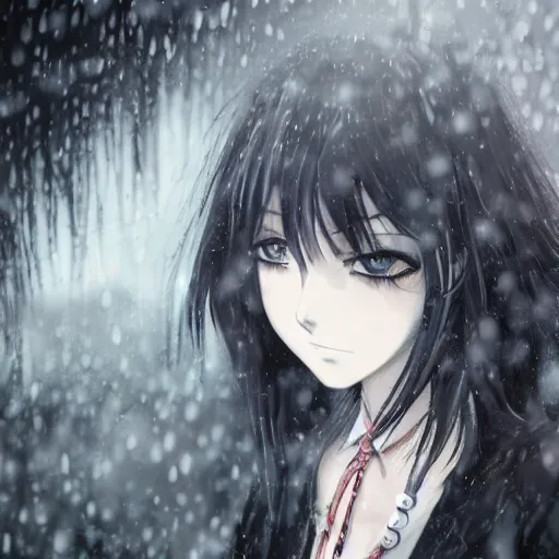 Image similar to 1 7 - year - old anime goth girl, black hair, long bob cut, long bangs, gothic coat, long bangs, united kingdom, rainy day, small town, midlands, english village, street scene, ultra - realistic, sharp details, cold lighting, blue and gray colors, intricate details, subsurface scattering, hd anime, 2 0 1 9 anime