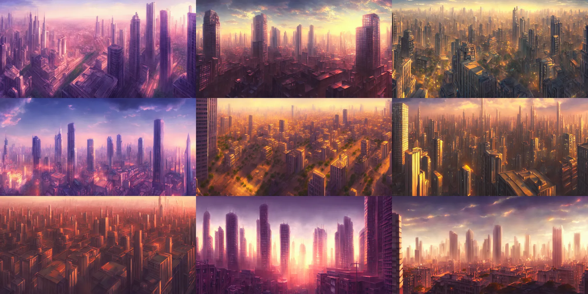 Prompt: a beautiful painting illustration of a city and highrise buildings in the soft evening light, a detailed matte painting from the anime film, official art, cinematic view, HD wallpaper