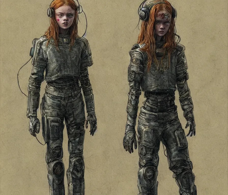 Image similar to sadie sink dressed in oversized school uniform : costume concept for a scifi cyberpunk film. by greg staples and elsa beskow. sharp focus, cinematic atmosphere, detailed and intricate, perfect anatomy