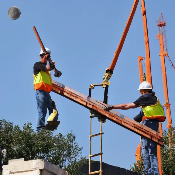 Image similar to two construction workers removing the moon from the sky