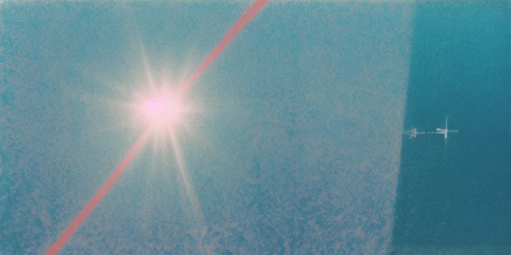 Prompt: analog polaroid photograph of a power plant in the ocean, seen from above, drone footage, bright sun reflection in the water, lensflare, film grain, azure tones, red color bleed