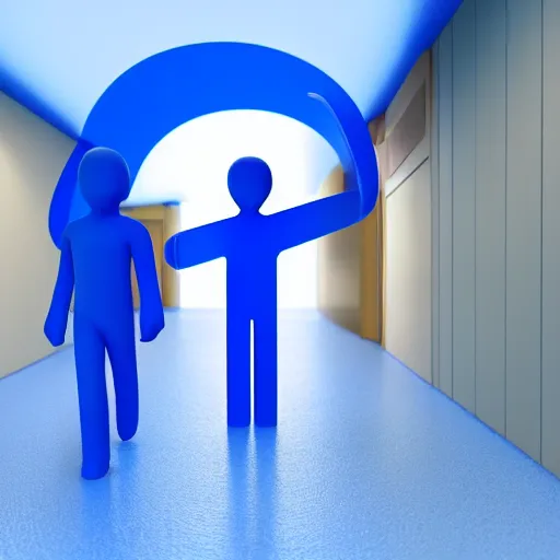 Image similar to generic people figures entering a hospital shaped like a plus sign, plastic materials, blue tones, 3 d, redshift, hydri, subsurface scattering, cgi, high quality render