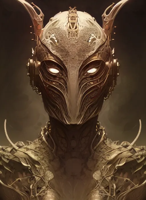 Image similar to organic cyborg, dragon mask, diffuse lighting, fantasy, intricate, elegant, highly detailed, lifelike, photorealistic, digital painting, artstation, illustration, concept art, smooth, sharp focus, art by John Collier and Albert Aublet and Krenz Cushart and Artem Demura and Alphonse Mucha