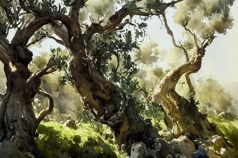 Prompt: watercolor painting of olive tree, scandinavian mythology, art by hans gude, art by hans dahl, by jesper ejsing, art by anders zorn, wonderful masterpiece by greg rutkowski, cinematic light, american romanticism by greg manchess, creation by tyler edlin