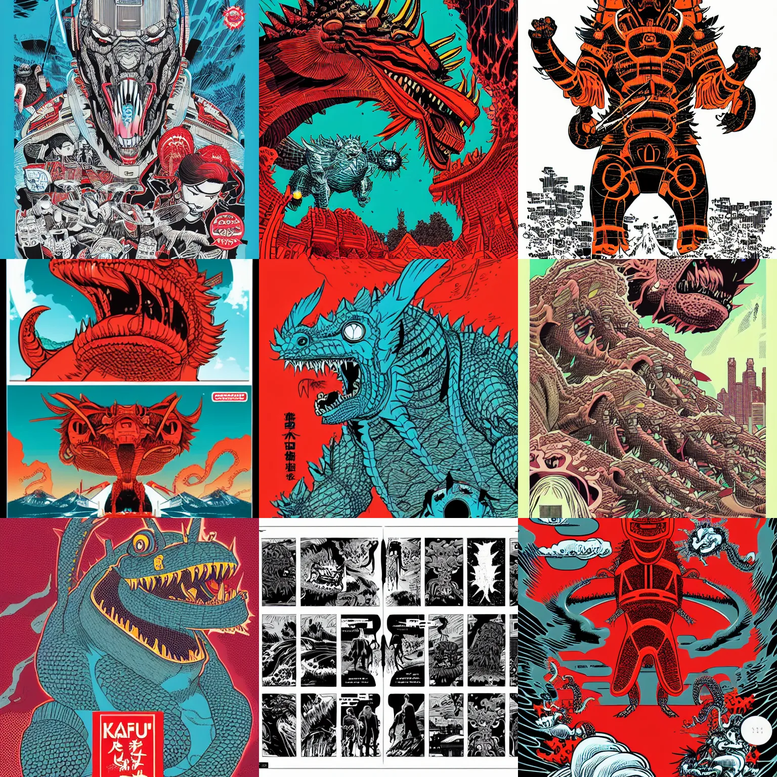 Prompt: japanese kaiju by laurie greasley and tristan eaton