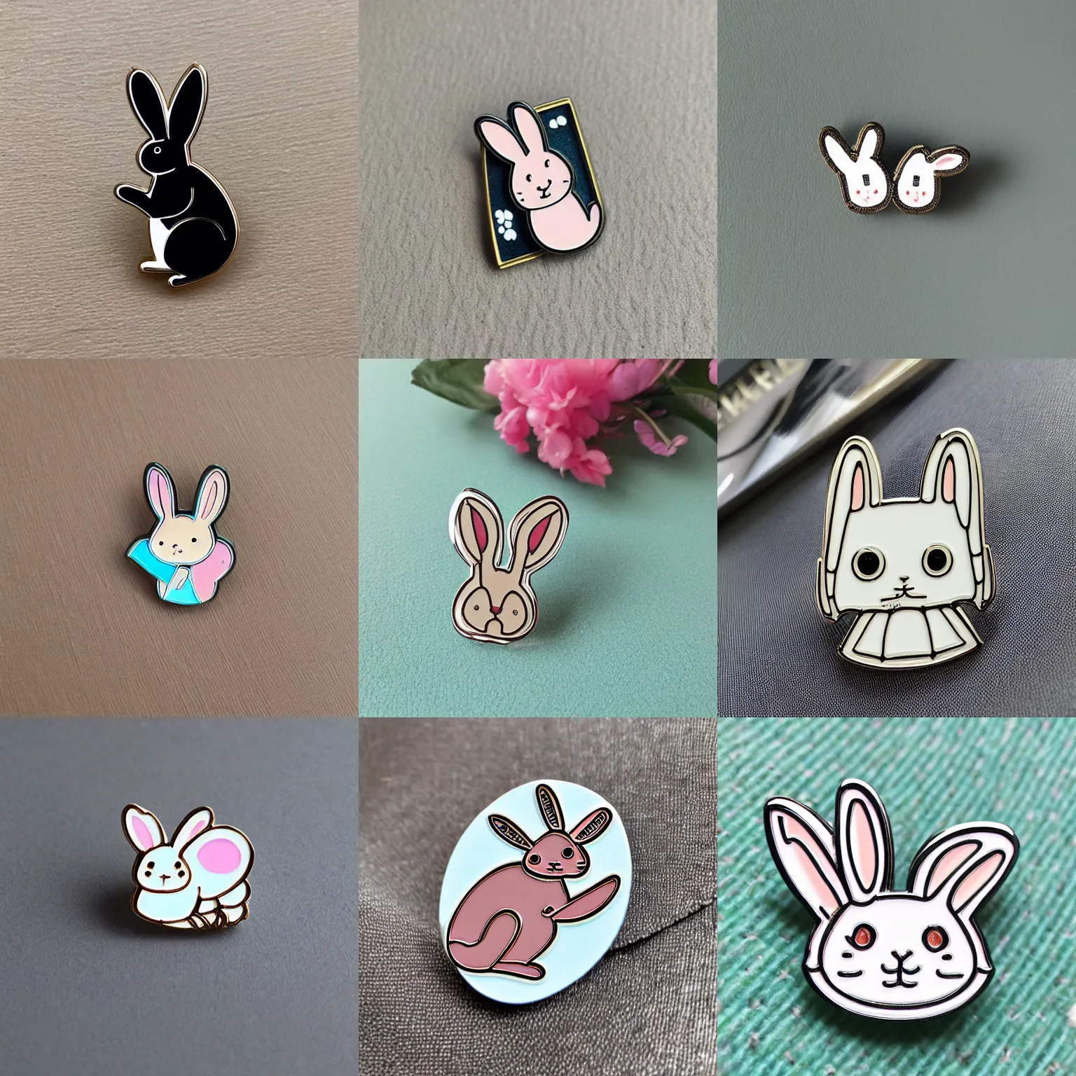 Prompt: “trans rabbit enamel metal pin, cute pattern reward product image”