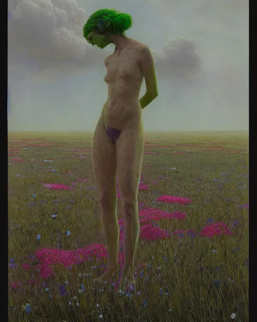 Image similar to A portrait of a woman wearing clothes made out of dying flowers, nuclear explosion in the background, Masterpiece, green skin, glowing, wires everywhere, by Edgar Maxence and Ross Tran, Zdzisław Beksiński, and Michael Whelan, distant, gustav dore, H.R. Giger, 8k, octane render