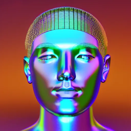 Image similar to 3d render of holographic human robotic head made of glossy iridescent, surrealistic 3d illustration of a human face non-binary, non binary model, 3d model human, cryengine, made of holographic texture, holographic material, holographic rainbow, concept of cyborg and artificial intelligence