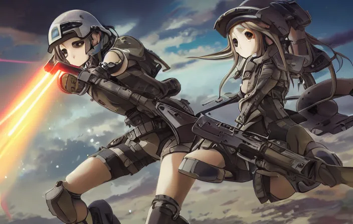 Image similar to under heavy fire, fast helmet, infantry girl, anime style, symmetrical facial features long hair, hair down, explosions, wallpaper, from girls frontline, hyper realistic, pale skin, rule of thirds, extreme detail, 4 k, detailed drawing, trending artstation, realistic lighting, trading card, by alphonse mucha, greg rutkowski, sharp focus, backlit