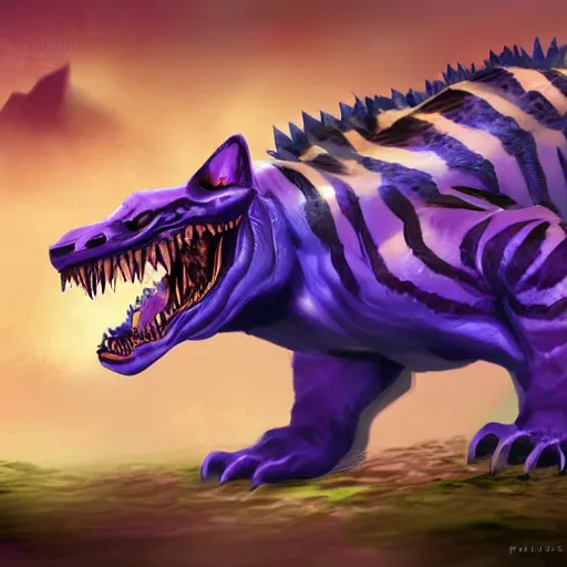 Image similar to violet crocodile tiger hybrid monster, fantasy game art, fantasy rpg, league of legends