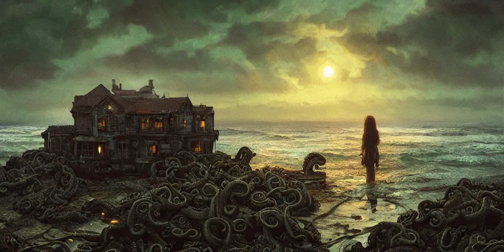 Image similar to landscape view on an decaying fishing village at night, a humanoid octopus creature emerging from the ocean, night colors, high - key lighting, beautiful composition, intricate, gradient from green to black, pro photography by, highly detailed, digital painting, art by artgerm and greg rutkowski and alphonse mucha, smooth, sharp focus illustration