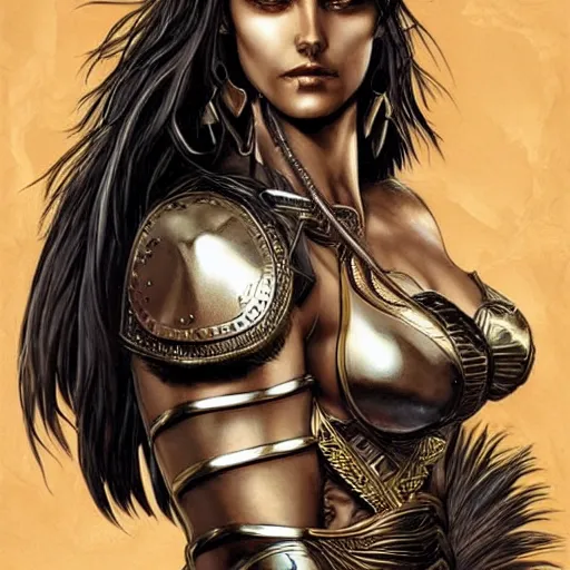 Image similar to greek amazon warrior, a tall beautiful woman with bronzed skin and long raven hair, dressed in hellenistic body armour, intricate, elegant, highly detailed, smooth, sharp focus, detailed face, high contrast, graphic novel, art by ardian syaf,