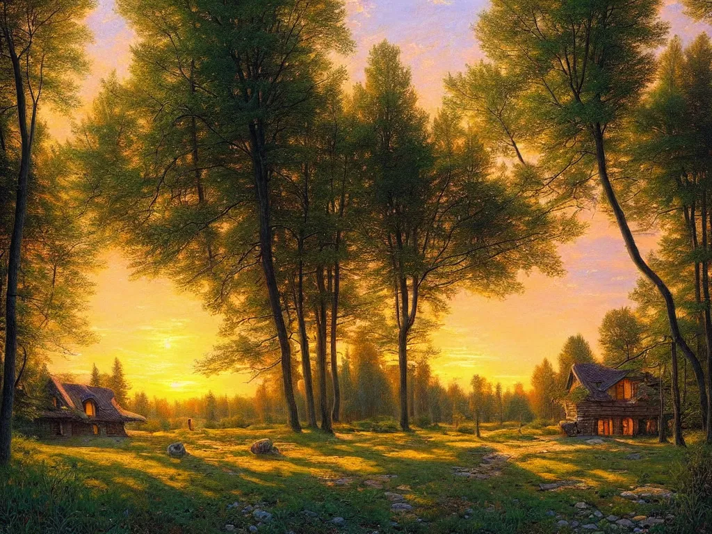 Prompt: beautiful landscape house in the village summer, evening, sun is going down warm color palette natural lighting, soft light, artstation high detailed, melancholy pastel art, oil on canvas by ivan shishkin and rob gonsalves