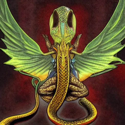 Image similar to an amalgamation of a snake, lizard, humanoid with one angelic wing and one demonic wing