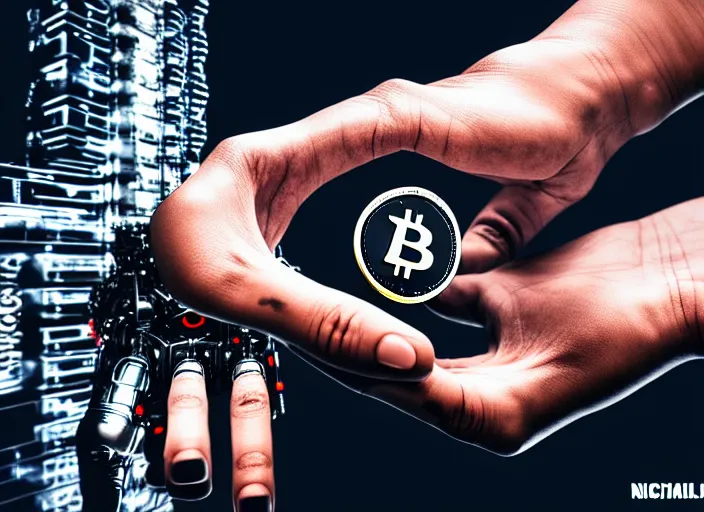 Prompt: mechanical terminator hand holding a bitcoin between two fingers. centered. horror cyberpunk dystopia style. highly detailed 8 k. intricate. nikon d 8 5 0 3 5 mm. award winning photography.