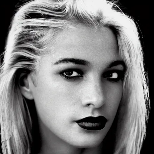 Prompt: black and white vogue closeup portrait by herb ritts of a beautiful female model, smurf, high contrast