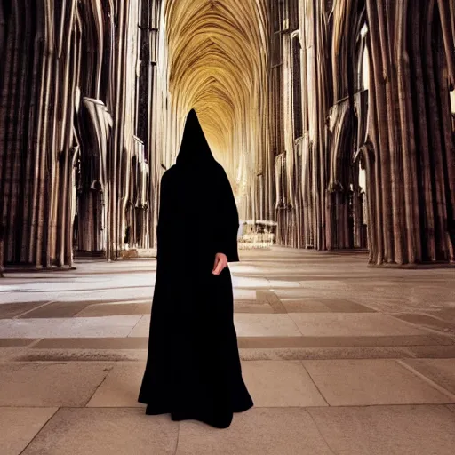 Prompt: vogue artistic photoshoot, a man wearing black long cult robes inside a huge massive gothic cathedral