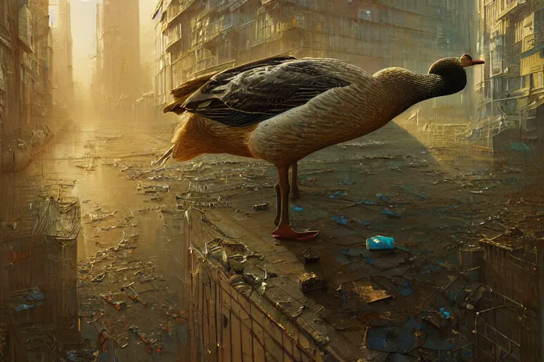 Image similar to A solarpunk very highly detailed anhtropomorphic Goose with very highly detailed face on the street of a very highly detailed solarpunk sci-fi city digital rational painting art by Greg Rutkowski, sci-fi highly detailed, digital concept art, Dimensional cyan gold natural light, sharp focus, Golden Ratio illustration, realistic concept art by Stephen Hickman and James Gurney and Hiromasa Ogura Ghost in the Shell rendered in Octane Render, From the distance