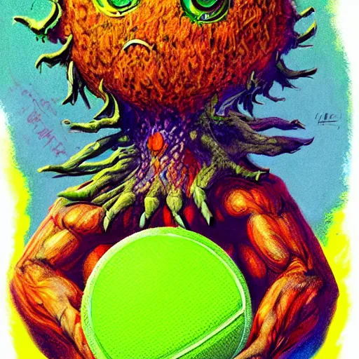 Image similar to a tennis ball monsters, colorful, digital art, fantasy, magic, chalk, trending on artstation, ultra detailed, professional illustration by basil gogos