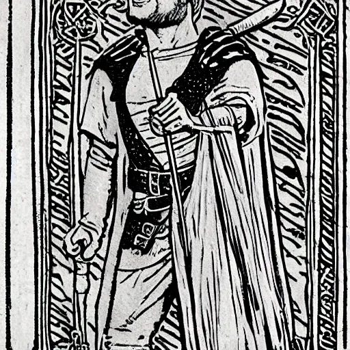 Image similar to Robin Hood character stamp in medieval style by frank godwin and moebius, ink outline, charcoal on paper, exlibris, rubber stamp