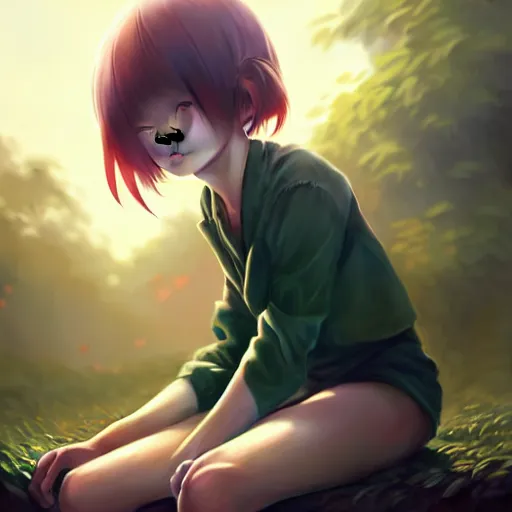 Prompt: very very small little girl by wlop, sitting on a gigantic green leaf by ilya kuvshinov, rtx reflections, octane 1 2 8 k, extreme high intricate details by tom bagshaw, digital anime art by ross tran, medium shot, composition by sana takeda, lighting by greg rutkowski