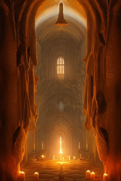 Prompt: detailed Interior of monastery muins, waterfall walls, light of god, light shafts, candles, stunning atmosphere, in style of marc simonetti, cinematic lighting, matte, masterpiece, atmospheric