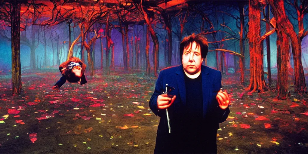 Prompt: award winning photo of BILL HICKS TRIPPING ON LSD in new york, vivid colors, happy, symmetrical face, beautiful eyes, studio lighting, wide shot art by gregory crewdson and francis bacon