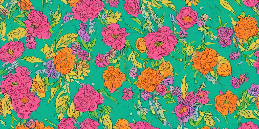 Image similar to flowers pattern, by anastasia beltyukova, intricate, sharp focus, detailed, lively colors, studio ghibli color scheme