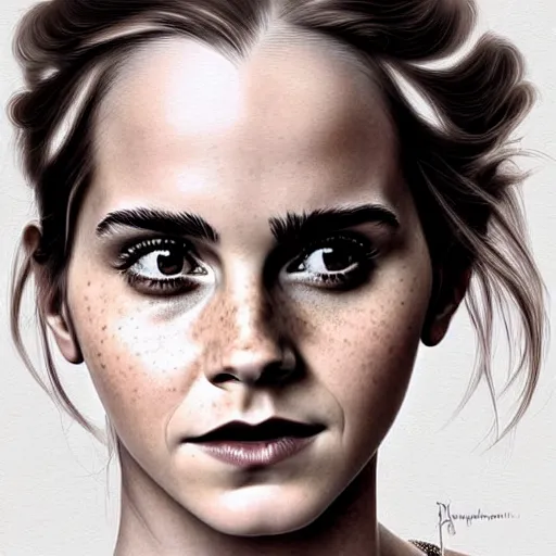Prompt: A beautiful portrait of Very funny actress Emma Watson lke monkey face looking like an old monkey, Emma Watson actress blended monkey face, like , powerful , magic, thunders, dramatic lighting, intricate, wild, highly detailed, digital painting, artstation, concept art, smooth, sharp focus, illustration, art by artgerm and greg rutkowski and alphonse mucha, footage