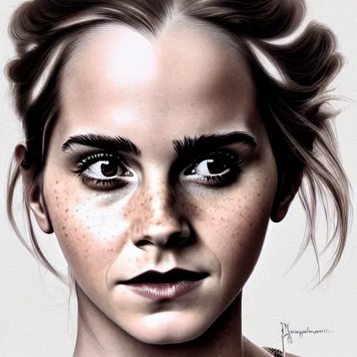 Image similar to A beautiful portrait of Very funny actress Emma Watson lke monkey face looking like an old monkey, Emma Watson actress blended monkey face, like , powerful , magic, thunders, dramatic lighting, intricate, wild, highly detailed, digital painting, artstation, concept art, smooth, sharp focus, illustration, art by artgerm and greg rutkowski and alphonse mucha, footage