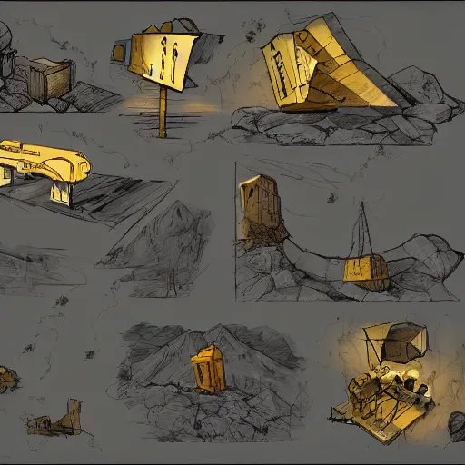 Image similar to mining for golden ideas, concept art, matte painting, flat colors.