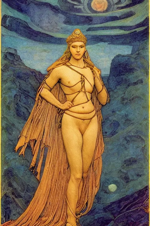 Prompt: goddess of the moonlit mountains with her regalia, by Annie Swynnerton and Nicholas Roerich and jean delville, dramatic cinematic lighting , ornate headdress , flowing robes, lost civilizations, extremely detailed