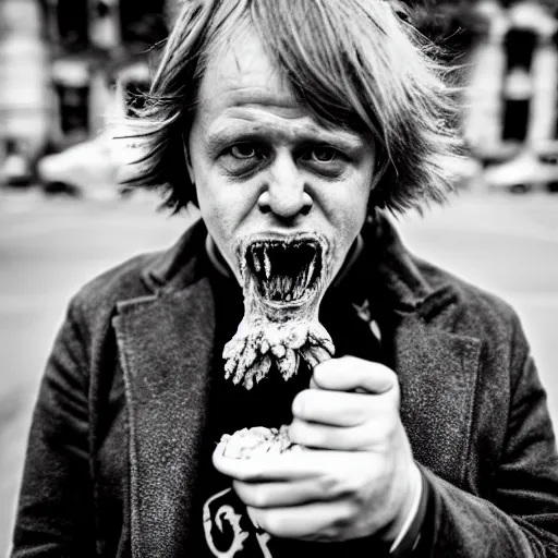 Prompt: Boris Johnson eating a brain, morbid, evil, dark photography, realistic, candid street portrait in the style of Rehahn award winning, Sony a7R,