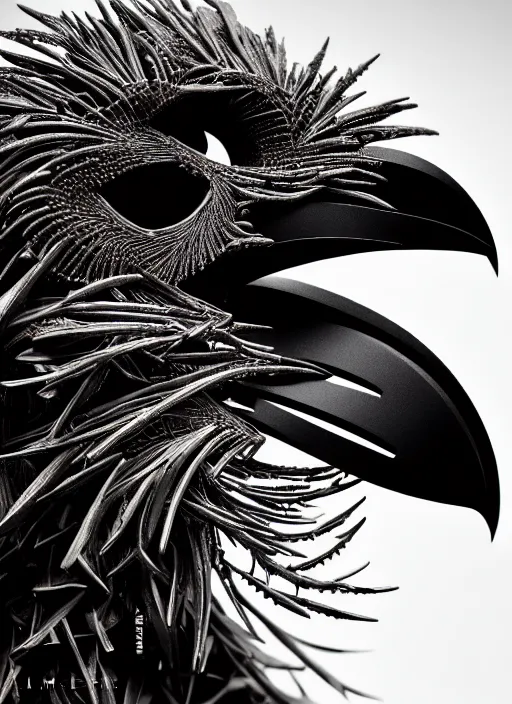 Image similar to a stunning young vegetal female crow - cyborg profile face, face is made intricate tribal bio - mechanical, editorial photography, bw, shot on 7 0 mm, depth of field, f / 2. 8, high contrast, 1 6 k, volumetric lighting, shiny, insanely detailed and intricate, hypermaximalist, elegant, ornate, hyper realistic, super detailed