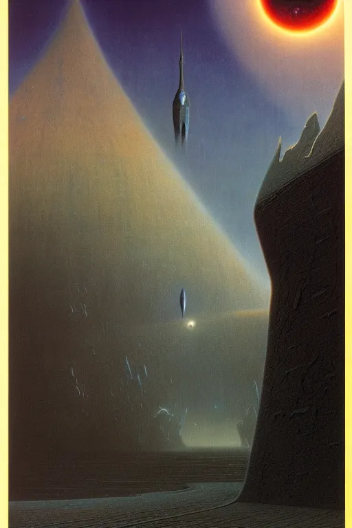 Prompt: emissary space by arthur haas and bruce pennington and john schoenherr, cinematic matte painting, dark color palate, blue hour, james terrell art,