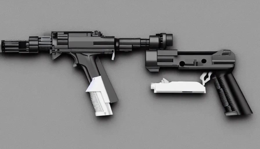Prompt: extremely detailed ultra realistic side view of a sci fi hyper minimalist magnum pistol coilgun, detailed trigger, chemically propelled, battery, smooth streamline, battery and wires, railgun, chemrail, gauss, elegant sleek smooth body, white paint, smooth utopian design, ultra high quality, octane, cod, destiny, warframe, terminator